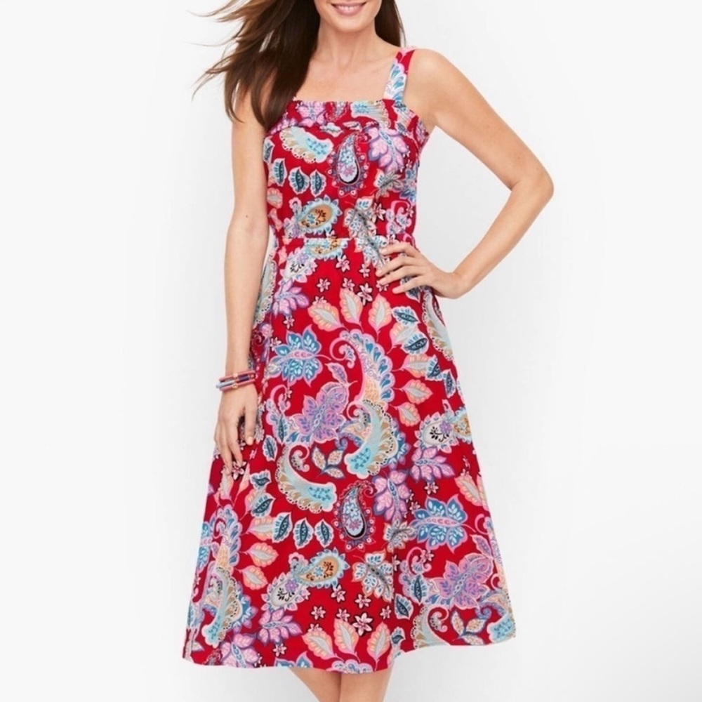 Talbots‎ Midi Flare Square Neck Cotton Dress Fantastic Paisley Red Pepper 10